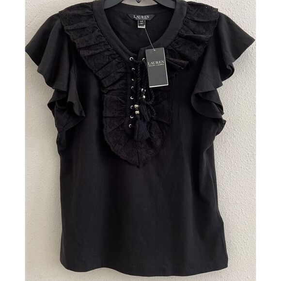 Lauren Ralph Lauren Womens Sz Small Ruffle-Trim Lace-Up Jet Black Top - Picture 1 of 11